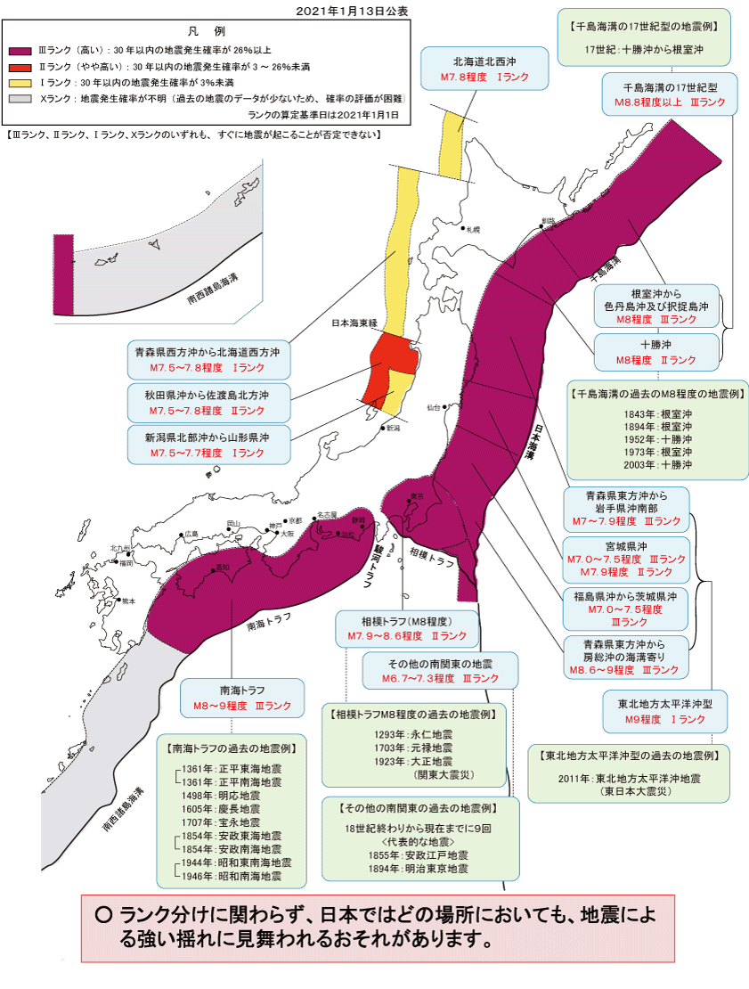 日本の活断層 日本近海で発生が危惧される海溝型地震の発生確率 2021年1月 地震調査研究推進本部より